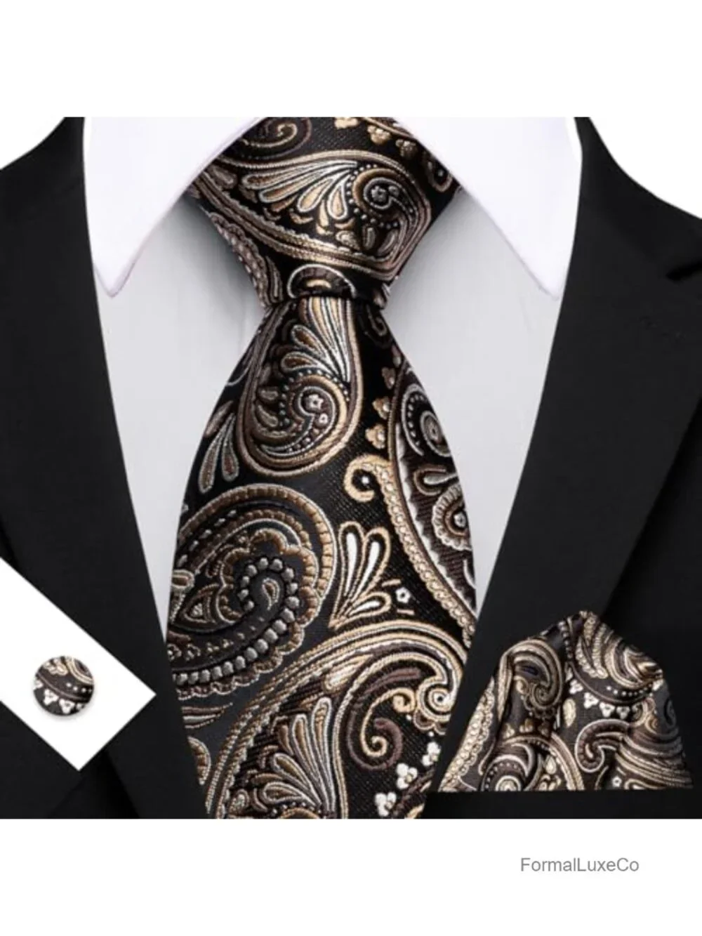 Men's Paisley Tie Set with Cufflinks, Tie Clip, Pocket Square - Formal Business